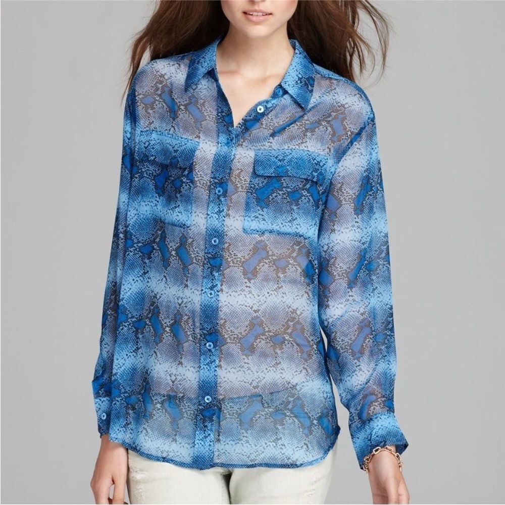Equipment Printed Signature Blouse Parisian Blue Sheer Long Sleeve Women’s SZ XS
